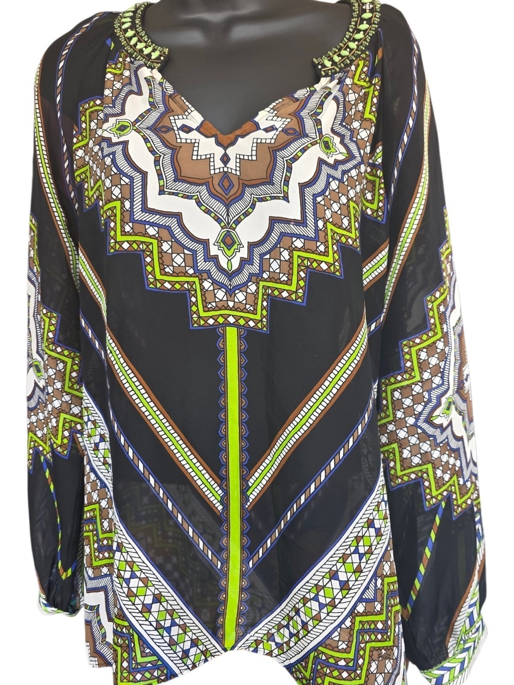 Hale Bob Women's Black Geometric Print Beaded 100% Silk Blouse Small